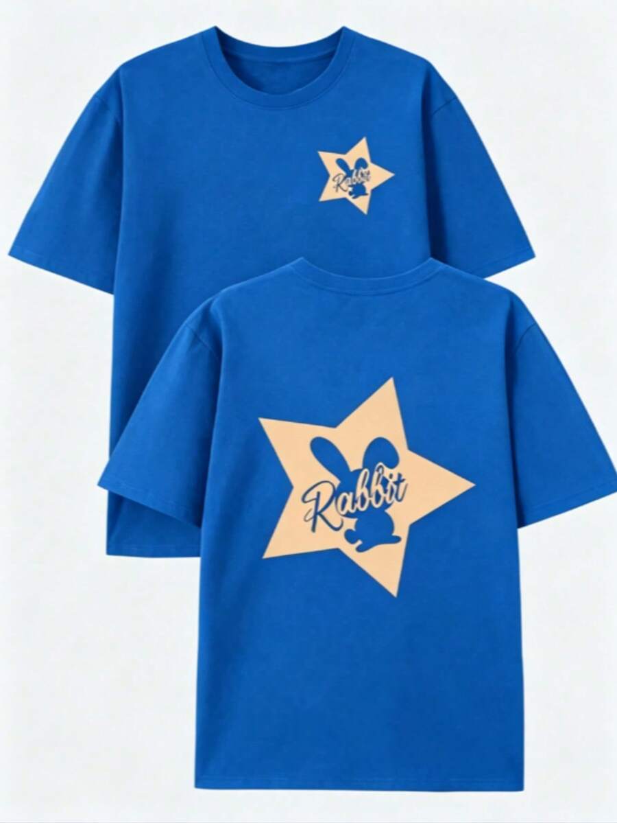 1 Piece Package: Men's 100% Cotton Crew Neck T-Shirt, Casual Style With Letter Print And Rabbit Design On Both Sides - Summer Short Sleeve T-Shirt, Crew Neck, Rabbit Design On Front And Back, Regular Fit, Suitable For Gym, Outdoor Activities And Daily Wear - Easy Clean Summer Essential, Daily Casual Outfit, Versatile Men's T-Shirt. - 藍色 - 查看 1