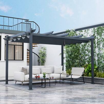  COSTWAY Outdoor Retractable Pergola, Aluminum Grill Pergola W/ Retractable Canopy Cover, Extra Large Pavilion, Metal Shelter Grape Trellis Pergola For Garden, Backyard, Porch, Beach, Gray