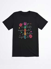 Camiseta Negra con Estampado de Flores y Palabras en Español para Mujer Casual - Negro - Ver 2