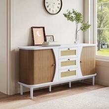 Dining Room Cabinet, Rattan Drawer Cabinet, Drawer Cabinet With Sliding Door, Adjustable Laminate, Curved Countertop - Khaki - View 8