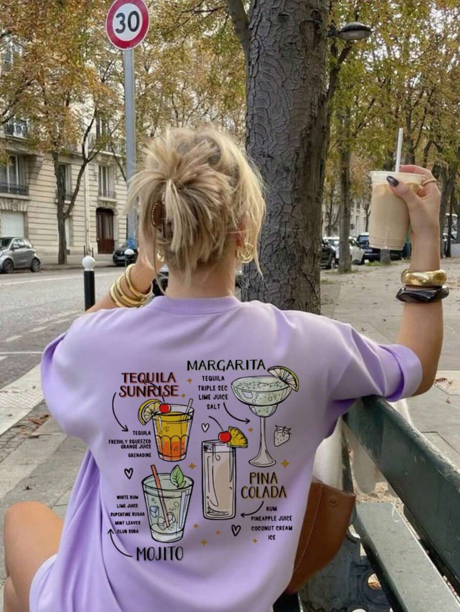 Women's Summer Cocktail & Slogan Graphic Round Neck Short Sleeve T-Shirt, Casual Loose Versatile Vacation Style Top, Fashionable Summer Daily & Holiday Wear
