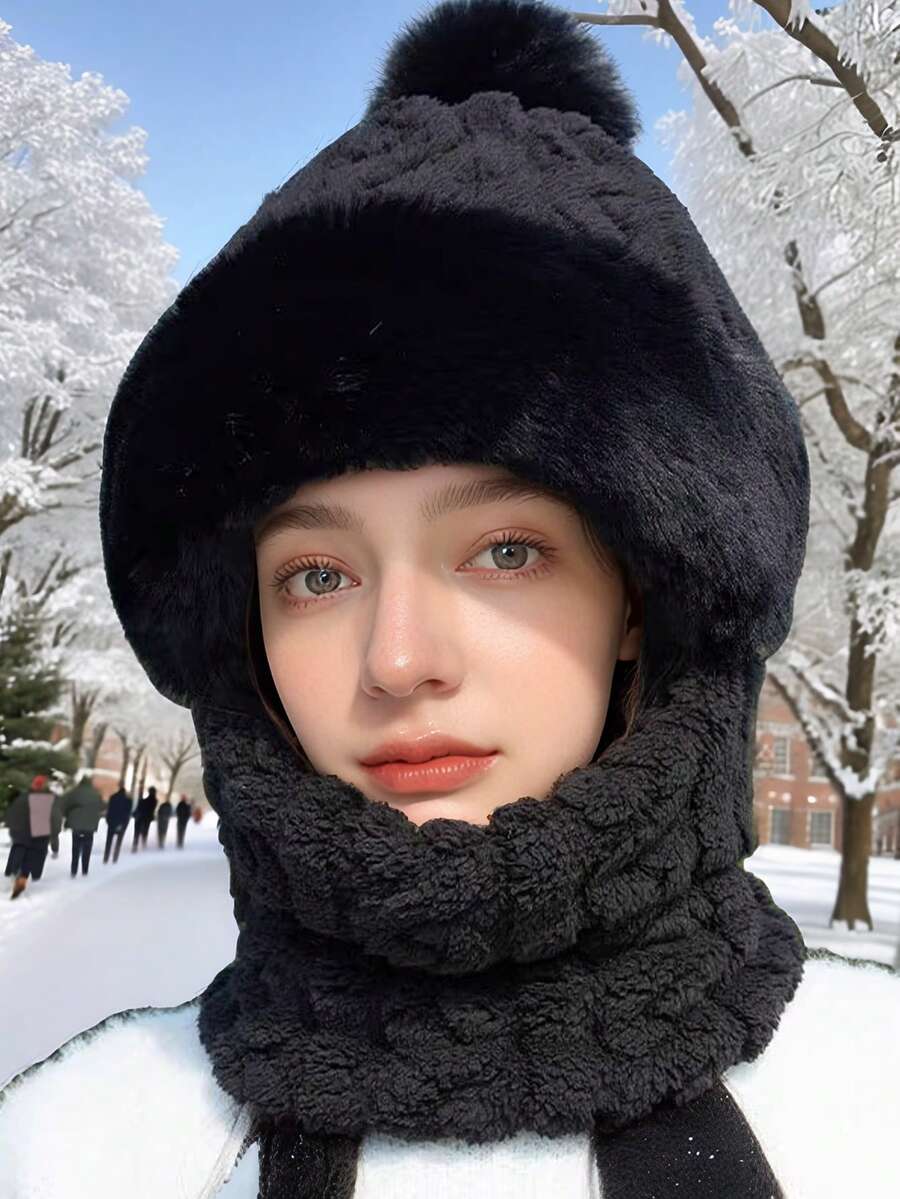 1. 女士帽子围巾一体式毛绒帽，冬季户外防风保暖帽 - 多色 - 查看 1