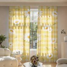 两片装 2D 平面黄白格子窗帘，饰以白色雏菊图案，杆袋式设计，采用优质涤纶面料。半透明装饰性花卉薄纱窗帘，适用于卧室、客厅、餐厅，可机洗。 - 彩色 - 查看 17