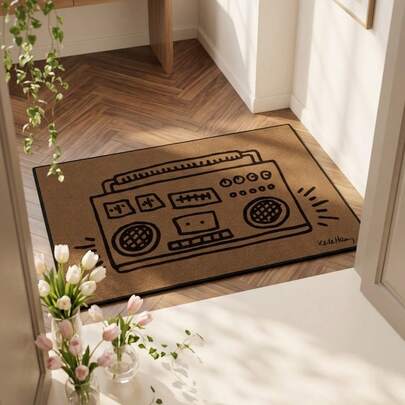 1件装地毯/地垫/浴室垫/门垫，美式奢华创意 - 深棕色抽象复古收音机图案，适用于浴室、厨房、玄关、走廊、床边、客厅、卧室，可机洗柔软地垫，美观家居装饰