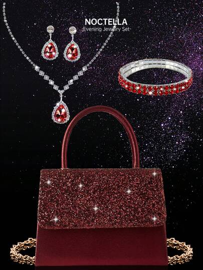 Noctella 闪亮四件套水钻首饰套装，包括吊坠项链、耳环和手链，搭配奢华闪亮亮片晚宴包/派对包，新款时尚翻盖手提包，适合派对女孩、新娘、节日礼物、婚礼手拿包、派对包，完美搭配节日派对礼服、晚礼服和亮片连衣裙。