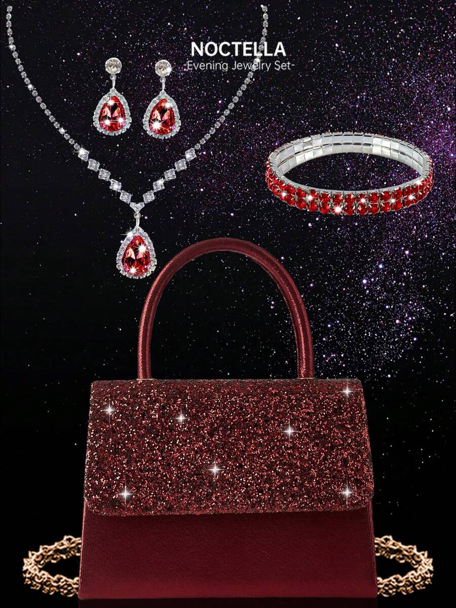 Noctella 闪亮四件套水钻首饰套装，包括吊坠项链、耳环和手链，搭配奢华闪亮亮片晚宴包/派对包，新款时尚翻盖手提包，适合派对女孩、新娘、节日礼物、婚礼手拿包、派对包，完美搭配节日派对礼服、晚礼服和亮片连衣裙。 - 酒紅色 - 查看 1