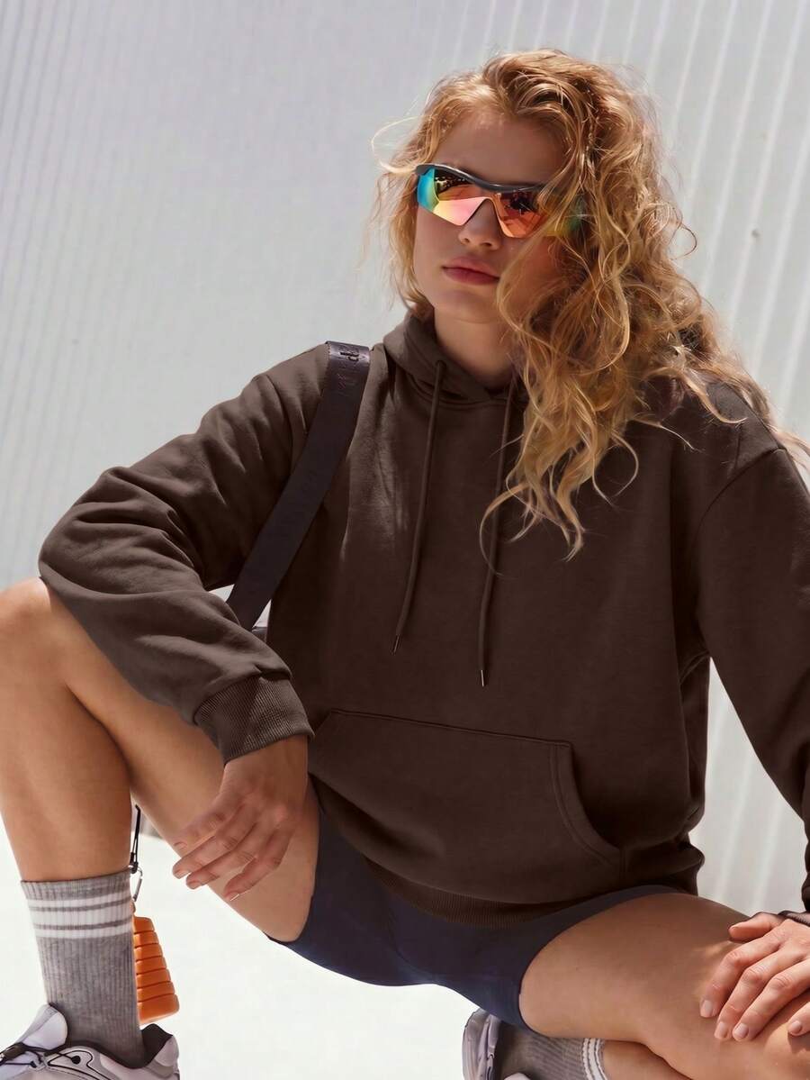 女士保暖连帽卫衣，休闲落肩套头衫，卡其色/深棕色长袖卫衣，秋冬时尚外套，返校教师套装