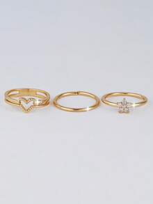 3pcs Elegant Cubic Zirconia Heart & Flower Rings Set, Suitable For Women's Daily, Date, Party Matching - Yellow Gold - View 4