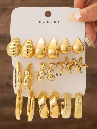 CCB Metal Textured Earrings Set, Starfish & Shell Designs, Vacation Style Earring Studs
