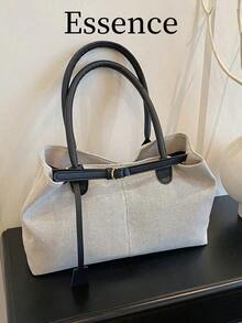1 pieza Bolso de tela tipo tote color caqui, nuevo diseño con decoración de correa, gran capacidad, patchwork de ante sintético, bolso de hombro para mujer - Negro - Ver 3