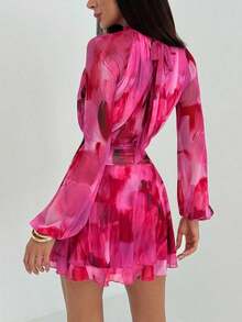 Vestido de manga larga ajustado con silueta de paraguas para mujer, nuevo para otoño/invierno, para uso casual/citas/salidas/maestras, vestido romántico con estampado de teñido anudado en púrpura y cuello alto con lazo en la cintura - Burdeos - Ver 9