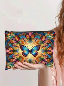 波西米亚曼陀罗蝴蝶印花化妆包，充满活力的民间艺术主题便携式拉链收纳袋 - 彩色 - 查看 5