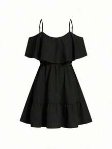 Vestido mini elegante de alta gama, diseño de hombros descubiertos y corte entallado, ideal para vacaciones, uso diario, reuniones y meriendas - Negro - Ver 4