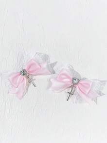 2pcs Gothic Style White Lace Ribbon Hair Clips, Suitable For Holiday Outfits, Daily Wear For Gothic Fashion Enthusiasts,Travel,Birthday - Pink - View 2
