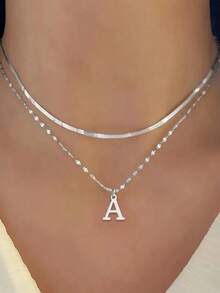 极简主义不锈钢字母、鱼骨、嘴唇叠层项链，女士款 - 銀色 - 查看 3