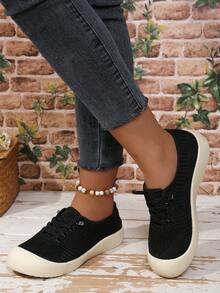 Spring/Summer Breathable Knit Casual Shoes For Women, Soft Sole Slip-On Sneakers, Lace-Free Lightweight & Comfortable Athletic Flats - Black - View 3