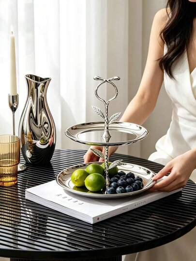 1pc Luxury Design Multi-Layer Stainless Steel Vine Leaf Wreath Decorative Tray, Suitable For Dining Room, Snack Fruit Plate, Cake & Dessert Display, Wedding Party, Family Gathering, Available In 2 Sizes, Fits Living Room, Dining Room, Dessert Shop, Wedding, Party
