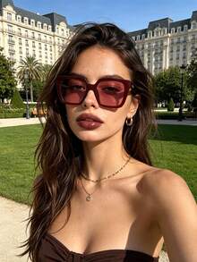 1pc Glossy Oversized Cat Eye Fashion Glasses, Fashionable & Flattering For Round Faces, Versatile For Commute, Street Style, Travel - Burgundy - View 1