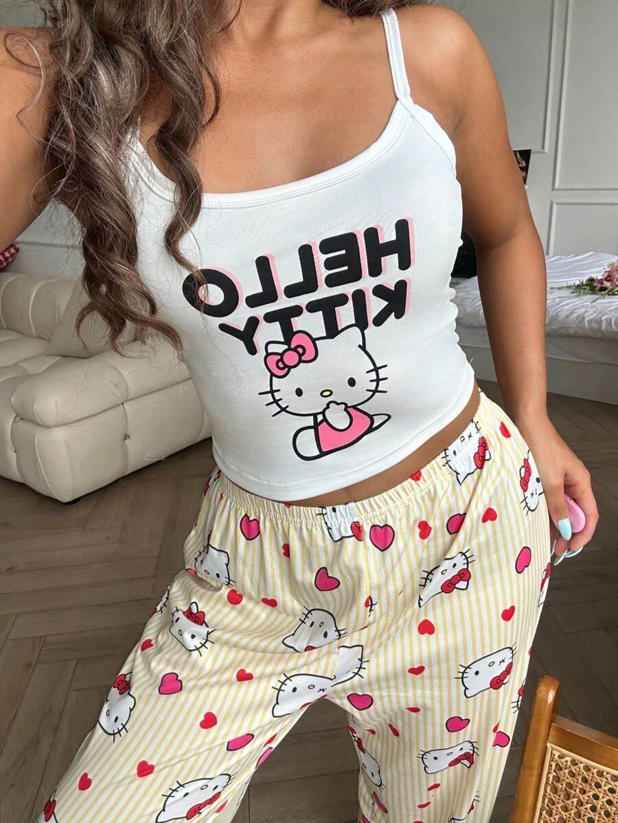 Hello Kitty印花女士吊带露脐上衣+松紧腰直筒裤睡衣套装（2件套）