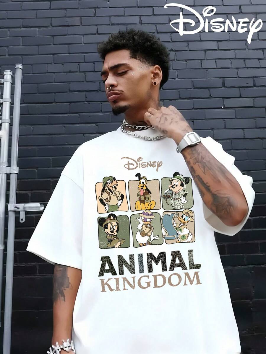 Disney Authorized Mickey Mouse And Disney Animal Kingdom Cartoon Patterns And Disney Animal Kingdom Letter Prints, Men's Black Pure Cotton Short Sleeved T-Shirt, Breathable White Short Sleeved T-Shirt, Suitable For Summer Wear, Neutral, Regular Round Neck Casual Style, Washable, Comfortable And Loose. - White - View 1