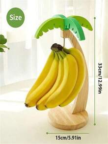 1pc Wooden Banana Holder Rack, Home Storage Organizer For Living Room, Fruit Display Shelf (With Artificial Leaves), Vertical Fruit Rack, Multi-Function Rack With Stainless Steel Hook, Banana Shaped Rack - Yellow - View 2