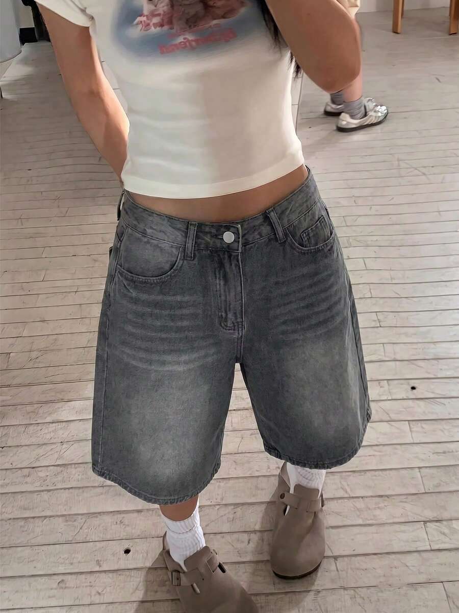 Women Loose Straight Leg Bermuda Shorts, Minimalist Style Casual Summer - Dark Grey - View 1