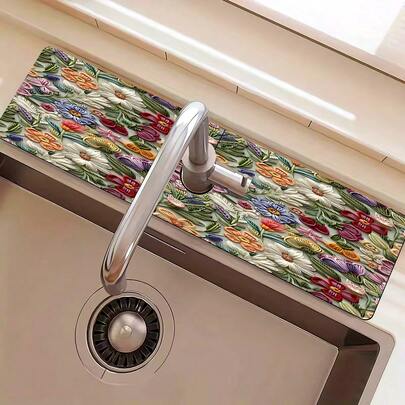 1pc Floral Pattern Faucet Cover, Durable Polyester, Quick Drying, Easy To Clean, Suitable For Kitchen And Bathroom, Easy Installation, Daily Decor, Gift, Bathroom Mat, Durable Faucet Cover, Faucet Accessory