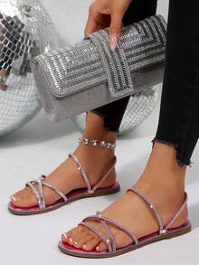 Sandal đế bệt mũi tròn, quai chéo, màu trơn, đính đá pha lê, kiểu dáng tối giản, nhẹ nhàng, thích hợp cho nữ mùa hè, phù hợp với váy, kiểu dáng cổ tích, có thể mang theo hai kiểu. - Màu Hồng Tươi - Xem 4