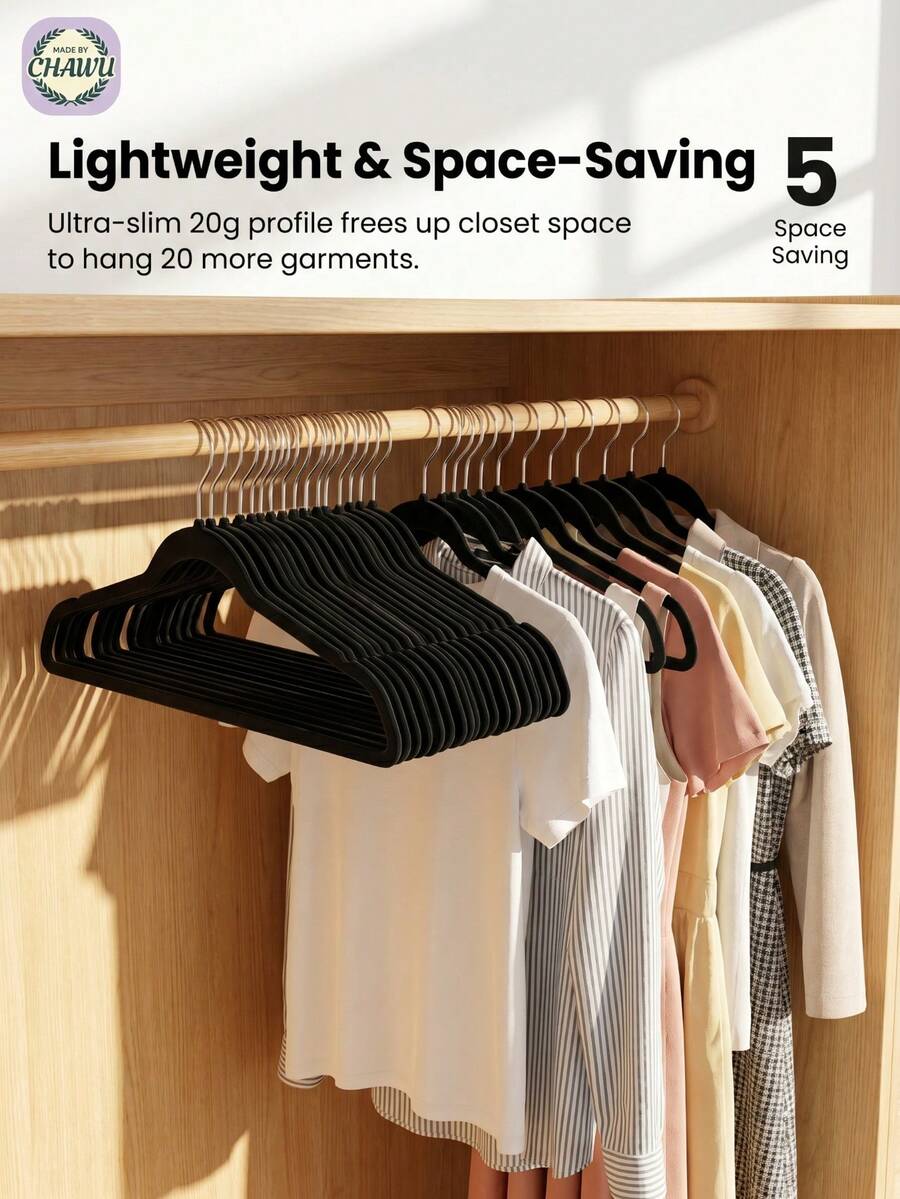 1/5/10/20个装 CHAWU 植绒涂层衣架 - 超强防滑高密度植绒（摩擦力提升300%），经8项耐久性测试，承重力强 / 360°旋转挂钩 / 符合人体工程学的黄金比例 - 彩色 - 查看 1