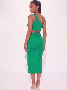 Women's Sexy One Shoulder Crop Top With Criss Cross Detail And Ruched Split Thigh Midi Skirt Two Piece Set Comfortable Knitted Fabric For Casual Or Party Wear - 綠色 - 查看 3