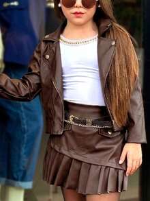 Women's Leather Set - Jacket + Skirt Shorts, Modern Style, Children's Fashion - 鏽棕色 - 查看 4