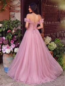 Faeriesty Luxe Elegant Open Shoulder Mesh Evening Gown, High Slit Design | Suitable For Formal Galas, Forest Green Weddings, And Grand Balls Party Spring - Dusty Pink - View 3