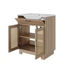Freestanding Bathroom Cabinet Measuring 76x46x88cm, Moisture Resistant, With Liftable Drawers And Soft-Close Double Doors, High Legs With Rattan Details, Ceramic Sink, Natural Color. - 自然色 - 查看 9