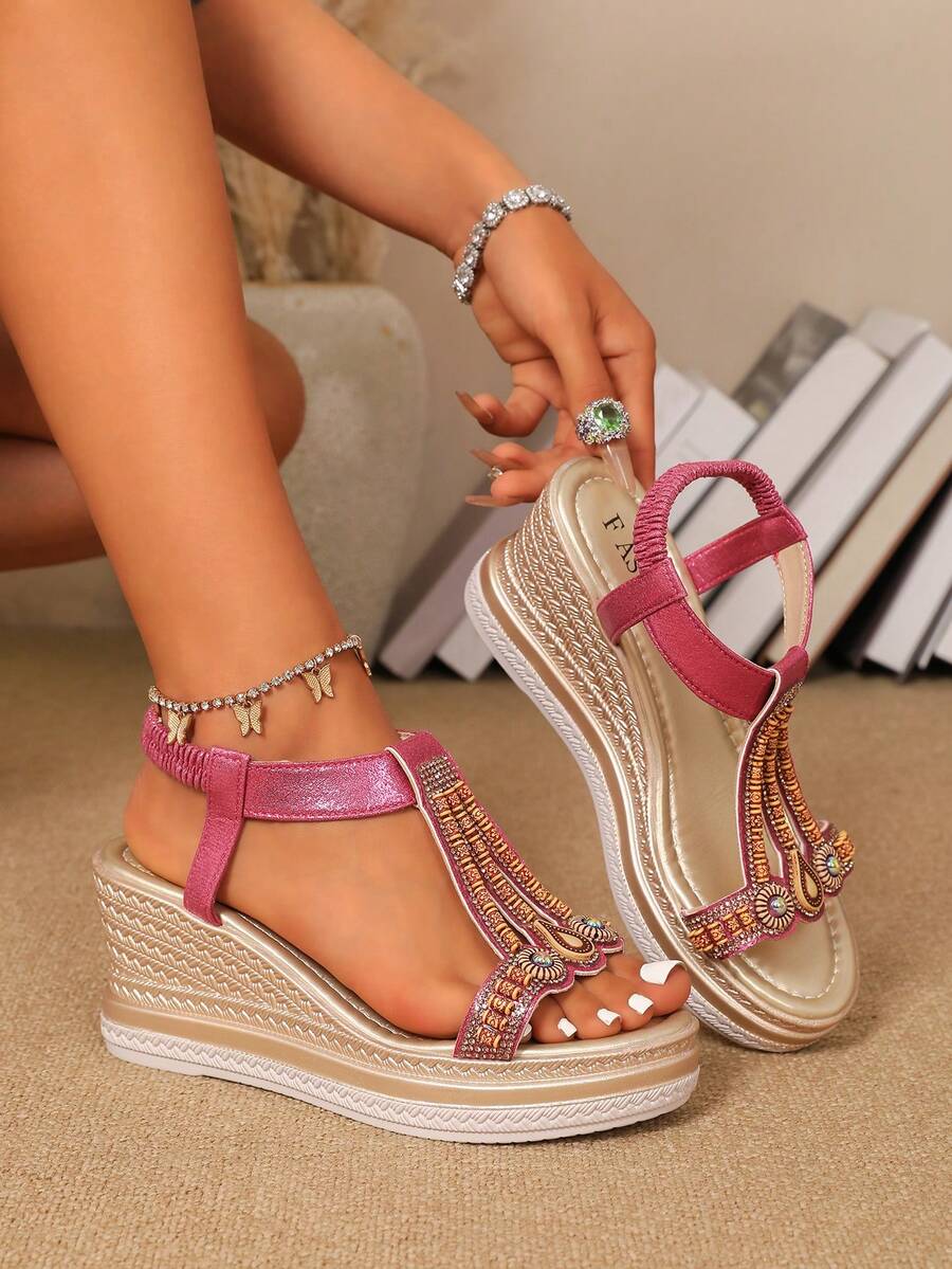 Giày sandal đế xuồng phong cách Bohemian mới năm 2025 dành cho nữ, sandal cao gót đế dày kiểu La Mã. - Màu Hồng Tươi - Xem 1