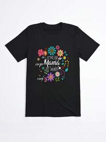 Camiseta Negra con Estampado Floral y Texto La Mejor Mama del Mundo para Mujer Casual - Negro - Ver 2