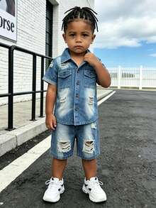Denim 2Pcs Outfit,Denim Short Sleeve Shirt,Ripped Jean Shorts Young Boys Gradient Washed Distressed Street 4-7Y Summer Skate Daily Outfit - Blue - View 3