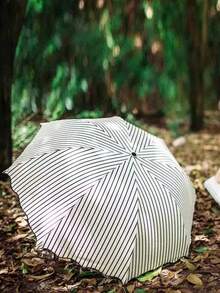 现代防水多功能雨伞，铁质伞杆，白色条纹蕾丝饰边，防雨防晒 - 條紋黑膠手動雨傘 - 查看 3