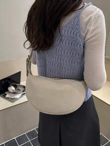Women's Leather Dumpling Bag, PU Leather Saddle Shoulder Bag, Solid Color, Daily Commute Bag With Adjustable Strap - White - View 2