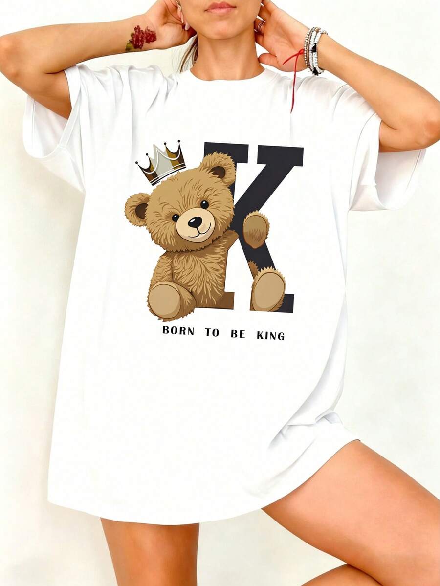 Camiseta Blanca con Oso y Corona K Born to be King para Mujer Casual - Blanco - Ver 1