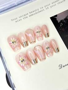 10 pièces Stickers pour ongles français à base semi-transparente rose nude avec cadre doré, décoration florale rose peinte à la main avec strass et ligne métallique, élégants et luxueux, réutilisables. Comprend 1 pièce autocollant adhésif, 1 pièce bâtonnet en bois, 1 pièce lime à ongles. Convient pour le port quotidien ou les fêtes. - Multicolore - Voir 1
