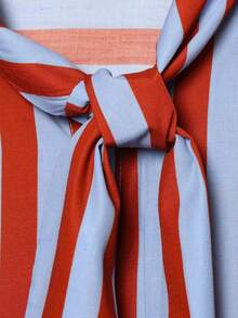 女士春夏优雅休闲蝴蝶结领撞色条纹衬衫 - 紅藍色 - 查看 7