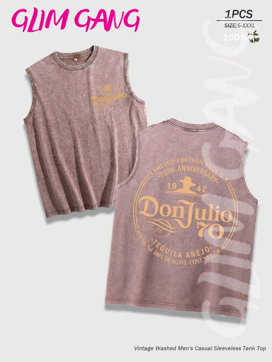 Don Julio 70 Vintage Washed Double-Sided Print Tank Top Tequila 70th Anniversary Edgy Sleeveless Top100% Cotton Vintage Washed Sleeveless Tank Top, Men's Crew Neck Vest, Perfect For Daily Streetwear In Summer, Ideal Choice For Holiday Gifts. - Cà phê nâu - Xem 1
