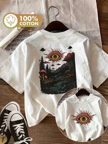 Camiseta casual de algodón para mujer, verano 2026, con estampado a doble cara de ojos psicodélicos y setas, manga corta, cuello redondo, estilo camiseta de verano. - Blanco - Ver 1