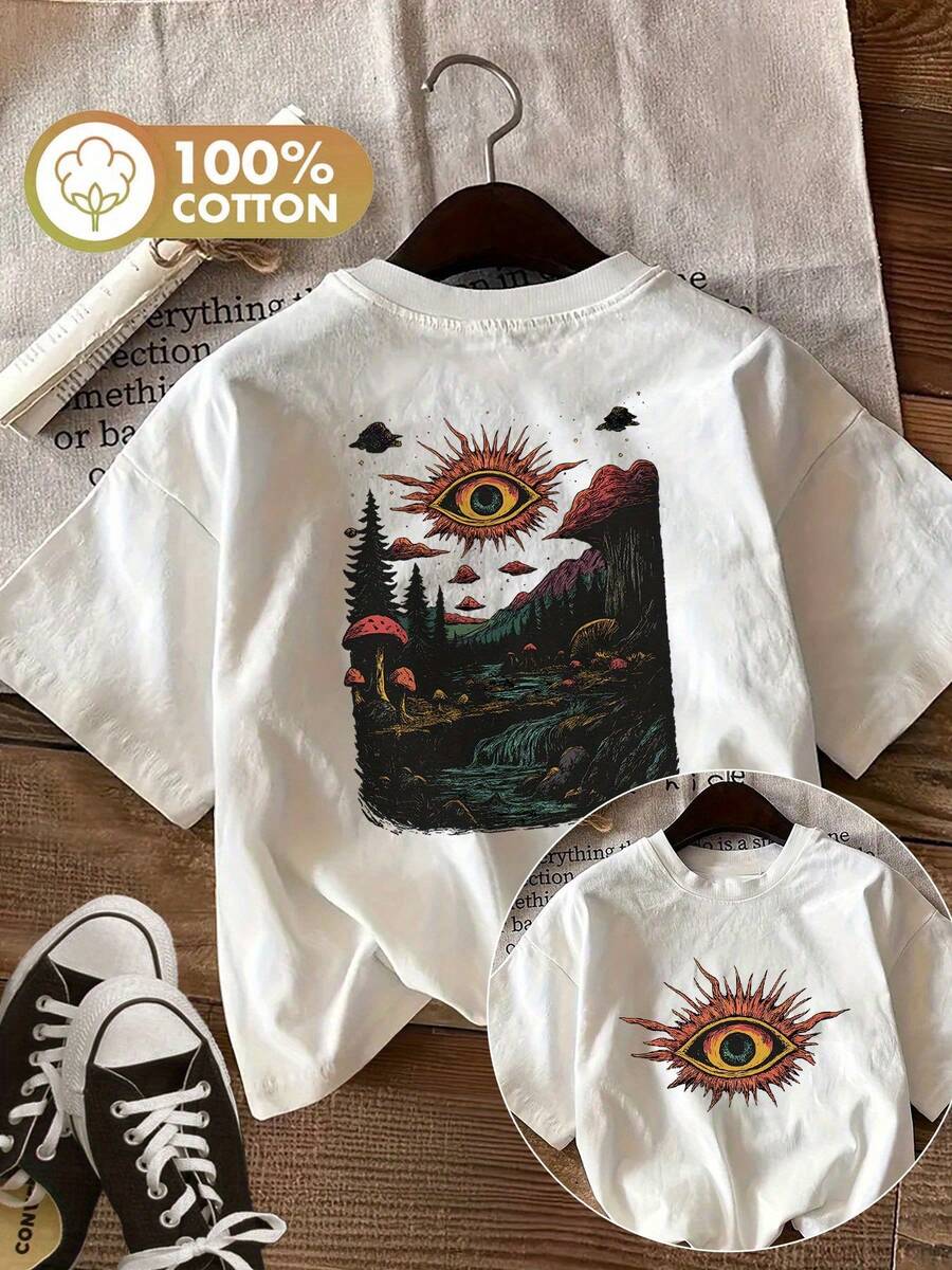 Camiseta casual de algodón para mujer, verano 2026, con estampado a doble cara de ojos psicodélicos y setas, manga corta, cuello redondo, estilo camiseta de verano. - Blanco - Ver 1