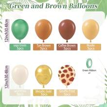 Conjunto de 35 balões de 30 cm com tema de aventura na selva - Verde sálvia, marrom, dourado e creme com estampas de girafa e animais da floresta - Perfeito para batizado, aniversário e festas de meninos - Decoração para festas | Decorações com tema de selva | Balões duráveis, fitas verdes para decoração de aniversário com tema de selva - Ver 2