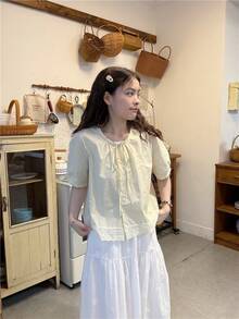 Women Tops - Yellow Lace-up Tie Shirt - View 5