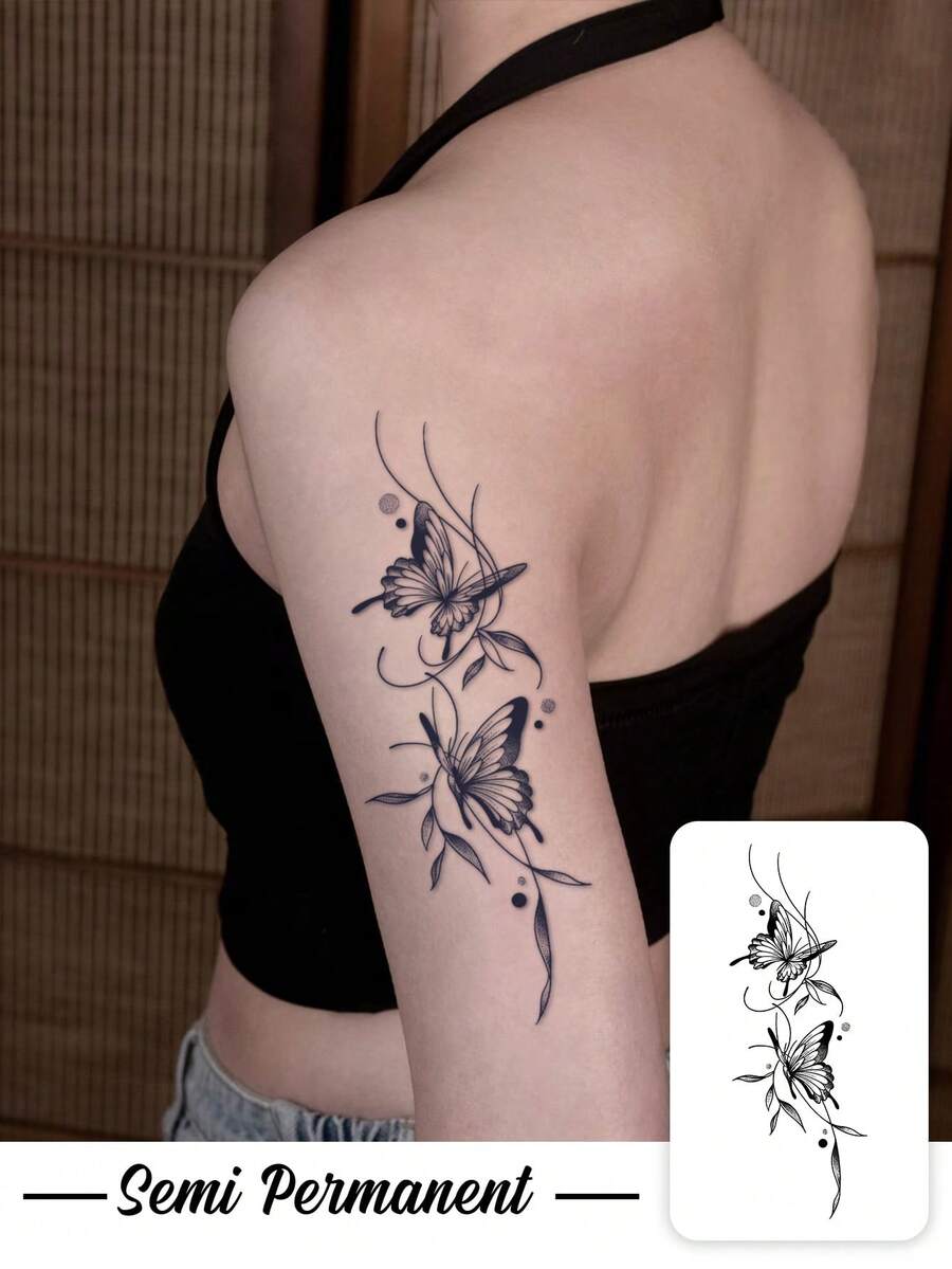 1 Herbal Tattoo Sticker, Minimalist Branches With Two Butterflies, Temporary Tattoo Sticker, Washable, PVC, Disposable, Waterproof And Sweatproof, Suitable For Arms, Waist, Abdomen, Back, Legs, Non-Reflective, Realistic Tattoo, Suitable For People, Daily Use, Lasts 7-14 Days - Black - View 1