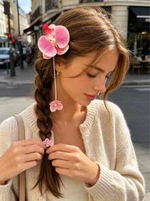 1件法式休闲风兰花珍珠链侧夹，小众甜美可爱少女假日氛围刘海夹，百搭日常发饰，母亲节/生日礼物 - 彩色 - 查看 6