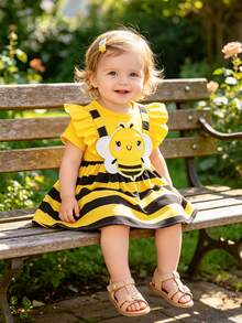 Baby Girls' Summer New Cartoon Bee Round Neck Cap Sleeve Striped Waist Dress - Multicolor - View 10