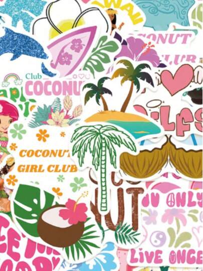 50pcs Coconut Girl Stickers, Cute Cartoon Summer Beach Stickers, Aesthetic Waterproof Stickers For Laptop, Phone, Car, Skateboard, Water Bottle, Planner, Diary